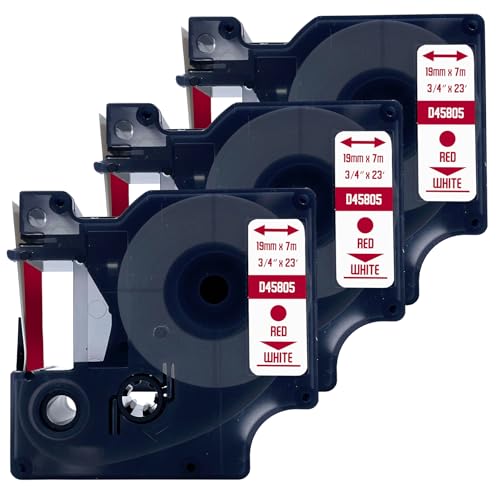 DULA Etikettenband - Kompatibel mit Dymo D1 45805 - 3 Stück - Rot auf weiß - 19mm x 7m DULA Etikettenband - Kompatibel mit Dymo D1 45805 - 3 Stück - Rot auf weiß - 19mm x 7m von DULA