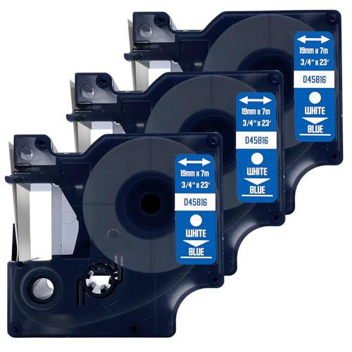 DULA Etikettenband - Kompatibel mit Dymo D1 45816 - 3 Stück - Weiß auf blau - 19mm x 7m DULA Etikettenband - Kompatibel mit Dymo D1 45816 - 3 Stück - Weiß auf blau - 19mm x 7m von DULA