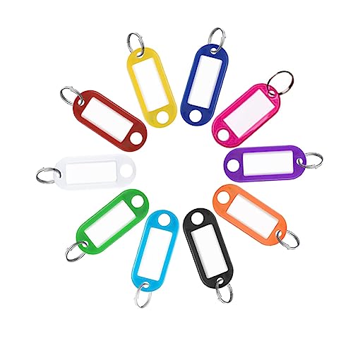 DULSPUE 50 Stück Schlüsselanhänger beschriftbar mit Etiketten – 10 Farben, Kunststoffbox mit extra Etiketten, Schlüssel Anhänger und Schlüsselschilder mit Ring auch für Haustiere, Gepäckstücke von DULSPUE