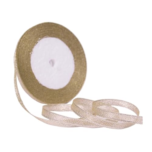 DUNSBY Geschenkband 100 Yards 6 mm Silber Gold Glitzer Seidensatinband Party Zuhause Hochzeit Dekoration Verpackung Weihnachten Halloween DIY Material(Light Gold) von DUNSBY