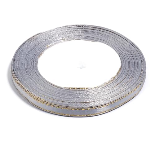 DUNSBY Geschenkband 100 Yards farbige Satinbänder mit Goldrand, Stoffband for DIY-Party, Hochzeit, Dekoration, Verpackung, handgefertigte Materialien(Gray,10mm) von DUNSBY