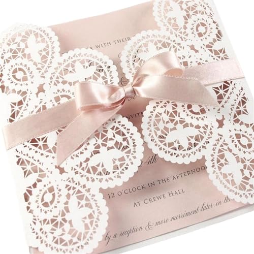 Hochzeit Einladungskarten 10 Stück Hochzeitseinladungskarten mit weißer Spitze, Roségold und Schleife, Laser-Blumenmuster, Rosa, Verlobungs-Quinceanera-Einladungen für Hochzeit, Verlobung, Jahrestag ( Hochzeit Einladungskarten 10 Stück Hochzeitseinladungskarten mit weißer Spitze, Roségold und Schleife, Laser-Blumenmuster, Rosa, Verlobungs-Quinceanera-Einladungen für Hochzeit, Verlobung, Jahrestag ( von DUNSBY
