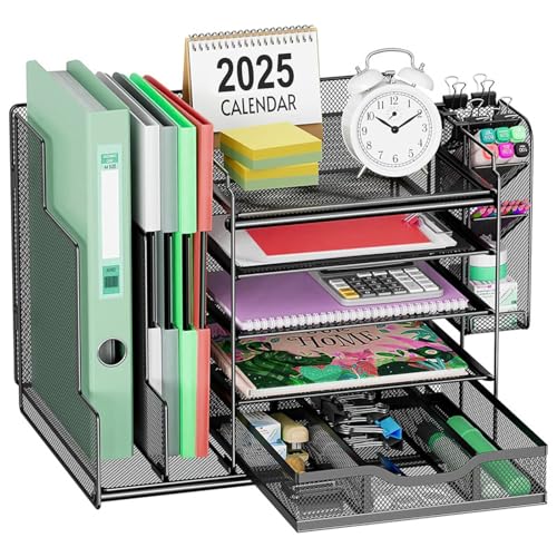 DUOJIN Schreibtisch Organizer mit Aktenhalter,5Tier Briefablage Ablagefächer mit Schublade, Stifthalter, Netz Schreibtisch Ablage Zeitschriftenhalter für Büro Bedarf Dokumentenablage von DUOJIN
