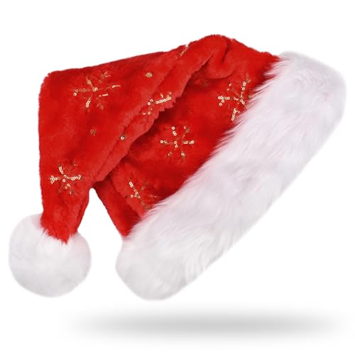 DUOJIN Weihnachtsmütze Nikolausmütze mit Soft Liner, Plüsche Weihnachtsmann Mütze mit Golden Pailletten Schneeflocke, Warm Santa Mütze für Kinder Erwachsene Weihnachten DUOJIN Weihnachtsmütze Nikolausmütze mit Soft Liner, Plüsche Weihnachtsmann Mütze mit Golden Pailletten Schneeflocke, Warm Santa Mütze für Kinder Erwachsene Weihnachten von DUOJIN