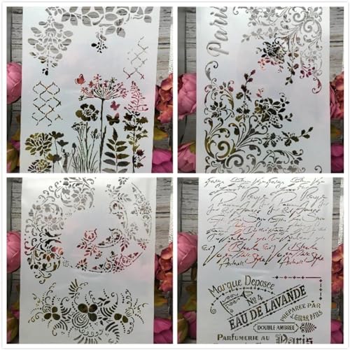 Schablonen zum Basteln, wiederverwendbar, A4, 29 cm, Blumenmuster, Retro, französische Wörter, Schablonen zum Malen, Zeichenschablonen zum Malen auf Holz, Wand, Möbelstil A, 4 Stück von DUOLAIYUNSO