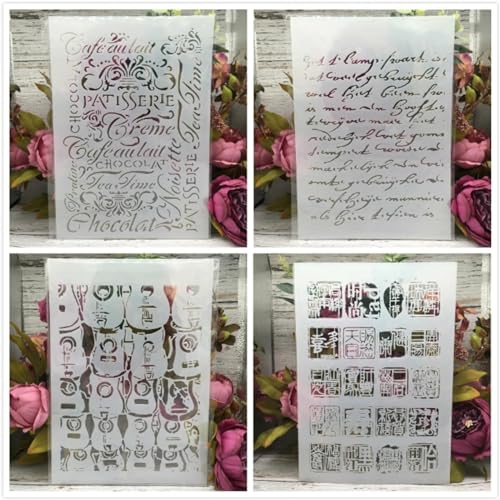 Schablonen zum Basteln, wiederverwendbar, A4, 29 cm, Buchstaben, Abschnitt, chinesische Stempelschablonen zum Malen, Zeichnen, Vorlagen zum Malen auf Holz, Wand, Möbel, 4 Stück von DUOLAIYUNSO