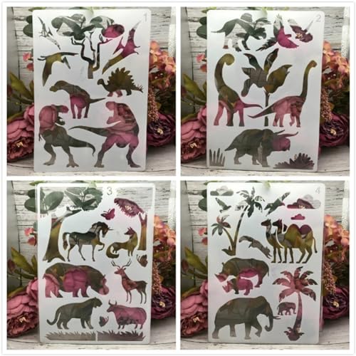 Schablonen zum Basteln, wiederverwendbar, A4, 29 cm, Hai-Giraffe, Ozean, Waldtiere, Schablonen zum Malen, Zeichenschablonen zum Malen auf Holz, Wand, Möbelstil H, 4 Stück von DUOLAIYUNSO