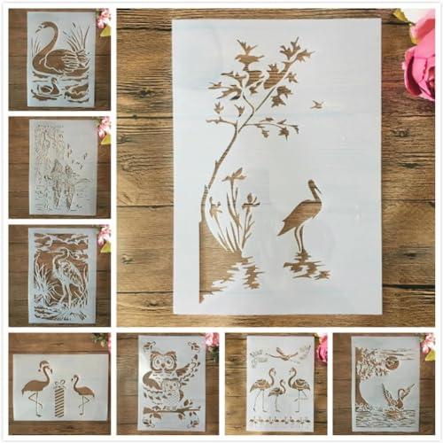 Schablonen zum Basteln, wiederverwendbar, A4, 29 cm, Kranich, Flamingo, Schwan, Vogel, Schablonen zum Malen, Zeichnen von Vorlagen zum Malen auf Holz, Wand, Möbel, 8 Stück von DUOLAIYUNSO