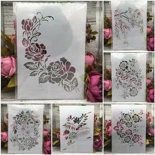 Schablonen zum Basteln, wiederverwendbar, A4, 29 cm, Rosenblume, Pflaumengirlande, Schablonen zum Malen, Zeichnen, Vorlagen zum Malen auf Holz, Wand, Möbel, 6 Stück von DUOLAIYUNSO