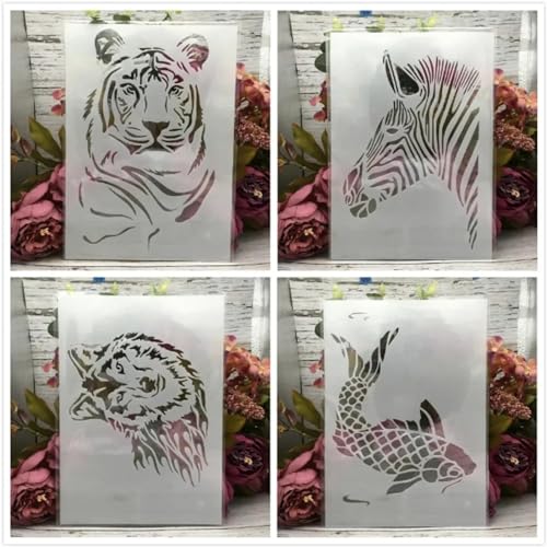 Schablonen zum Basteln, wiederverwendbar, A4, Tiger, Wolf, Zebra, Karpfen, Schablonen zum Malen, Zeichnen, Vorlagen zum Malen auf Holz, Wand, Möbel, 4 Stück von DUOLAIYUNSO