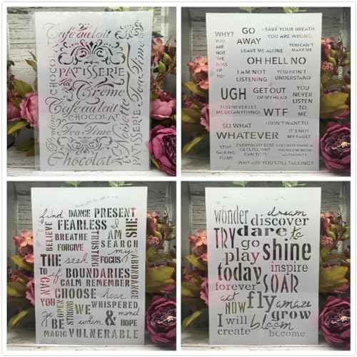 Schablonen zum Malen an Wänden, 4 Stück, A4, 29 cm, englische gemeinsame Wörter, wiederverwendbar, Zeichnen, Malen, Bastelvorlagen für Wandpapier, Kunst, Scrapbooking, Heimdekoration von DUOLAIYUNSO