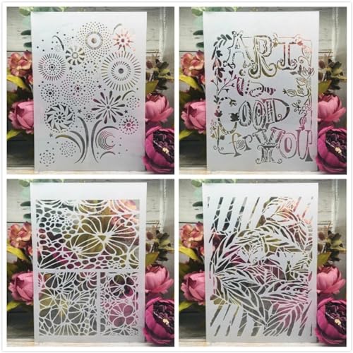 Schablonen zum Malen an Wänden, A4, 29 cm, Kunst, hohle Blätter, rund, wiederverwendbar, Zeichnen, Malen, Basteln, Vorlagen für Wandpapier, Kunst, Scrapbooking, Heimdekoration, 4 Stück von DUOLAIYUNSO