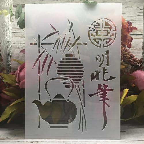 Schablonen zum Malen an Wänden, A4, 29 cm, chinesische Teekanne, Bambus, wiederverwendbar, Zeichnen, Malen, Bastelvorlagen für Wandpapier, Kunst, Scrapbooking, Heimdekoration von DUOLAIYUNSO
