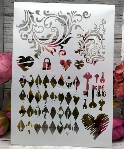 Schablonen zum Malen an Wänden, A4, Schlüsselschloss, Herz, wiederverwendbar, Zeichnen, Malen, Basteln, Vorlagen für Wandpapier, Kunst, Scrapbooking, Heimdekoration von DUOLAIYUNSO