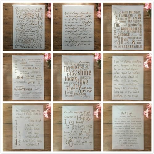 Schablonen zum Malen auf Holz, 9 Stück, A4, 29 cm, Wörter, Absätze, Text, Artikelvorlagen zum Zeichnen, Kartenherstellung, wiederverwendbare Schablonen für Leinwand, Möbel, Papier, Basteln von DUOLAIYUNSO