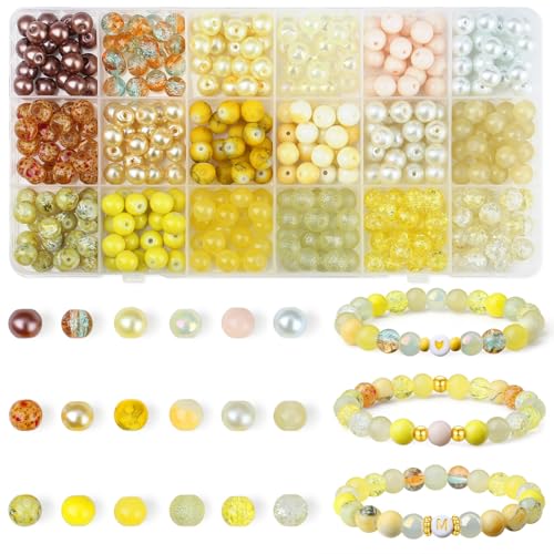 DUQGUHO 8 mm gelbe Glasperlen zum Basteln, orangefarbene Perlen zur Schmuckherstellung, 16 Farben, Perlen für Armbänder, Halsketten und Bastelarbeiten, runde Glasperlen, 360 Stück von DUQGUHO