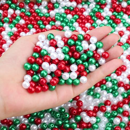 DUQGUHO 8 mm große Weihnachtsperlen zur Schmuckherstellung, rot-grüne und weiße Perlen, Weihnachts-Party-Dekorationsset, Kunststoffperlen zum Basteln, 500 Stück von DUQGUHO
