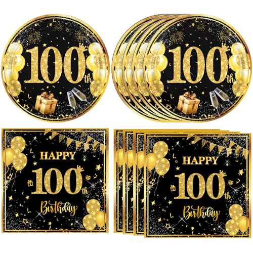 Partyzubehör zum 100. Geburtstag, Schwarz und Gold, Vintage 1924, Dekoration, Teller, Servietten, Set, 100 Jahre alt, Party-Dekorationen für Männer und Frauen, Geburtstagszubehör, 40 Stück Partyzubehör zum 100. Geburtstag, Schwarz und Gold, Vintage 1924, Dekoration, Teller, Servietten, Set, 100 Jahre alt, Party-Dekorationen für Männer und Frauen, Geburtstagszubehör, 40 Stück von DURYGEN