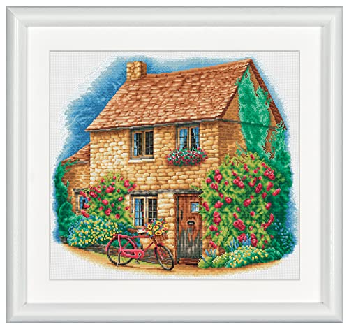 DUTCH STITCH BROTHERS - Gezählter Kreuzstich Kit - DSB010A - Häuschen mit Fahrrad - Aida weiß - 50 x 50 cm - Stick-Kit für Erwachsene von DUTCH STITCH BROTHERS