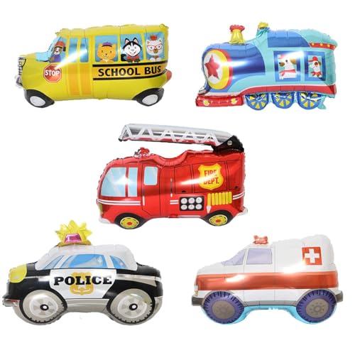 5 Stück Schulbus Feuerwehrauto Zug Krankenwagen Polizei Folie Ballons für Kinder Auto themed Birthday Party Dekorationen von DUXUANT