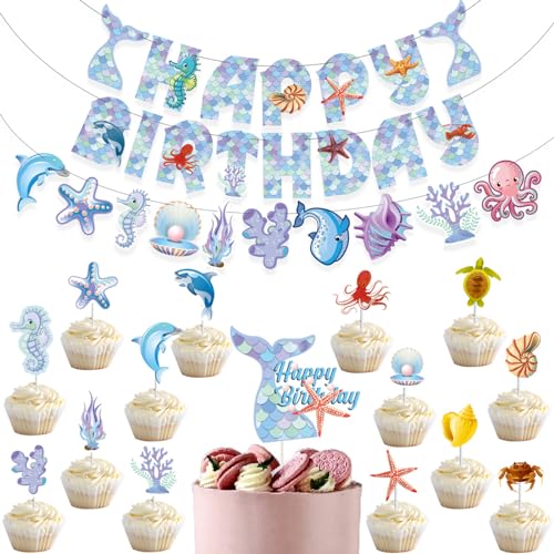 DUXUANT Meerjungfrau-Thema-Kuchenaufsatz Geburtstagsset Happy Birthday Banner Cupcake Topper Meerjungfrau Thema Ozean Tier Dekorationen für Jungen Mädchen Geburtstag Party Zubehör (1) von DUXUANT