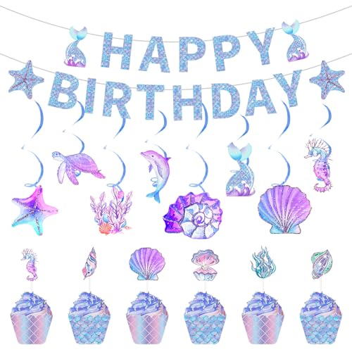 DUXUANT Meerjungfrau-Thema-Kuchenaufsatz Geburtstagsset Happy Birthday Banner Cupcake Topper Meerjungfrau Thema Ozean Tier Dekorationen für Jungen Mädchen Geburtstag Party Zubehör (2) von DUXUANT
