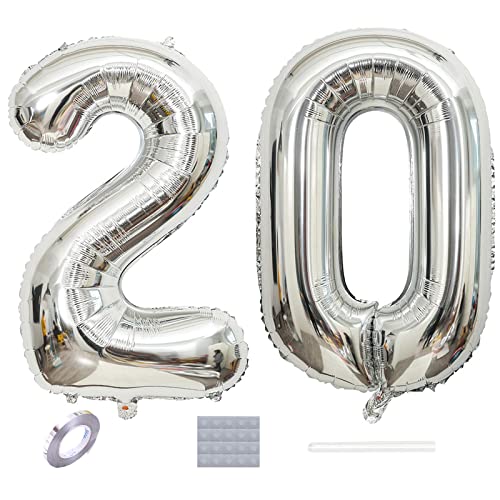 Silber 20. Geburtstag Luftballons Dekoration,40“ Riesen Zahl 20 Folienballons Abschlussball Luftballons Babyshower Geburtstag Party Hochzeitstag Foto Requisiten Deko von DUXUANT