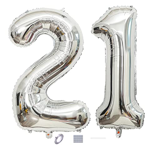 Silber 21. Geburtstag Luftballons Dekoration,40“ Riesen Zahl 21 Folienballons Abschlussball Luftballons Babyshower Geburtstag Party Hochzeitstag Foto Requisiten Deko von DUXUANT