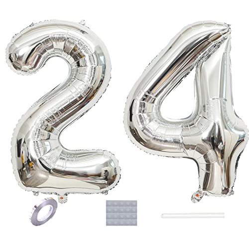 Silber 24. Geburtstag Luftballons Dekoration,40“ Riesen Zahl 24 Folienballons Abschlussball Luftballons Babyshower Geburtstag Party Hochzeitstag Foto Requisiten Deko von DUXUANT