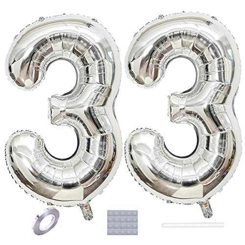 Silber 33. Geburtstag Luftballons Dekoration,40“ Riesen Zahl 33 Folienballons Abschlussball Luftballons Babyshower Geburtstag Party Hochzeitstag Foto Requisiten Deko von DUXUANT
