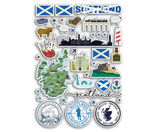 A4-Aufkleberbogen, Schottland-Wahrzeichen, Vinyl-Aufkleber – Schottische Stadtkarte, Flughafen, Stempel, Skyline, Flagge, Reisen, Urlaub, Kultur, Ästhetik, #79983 von DV DESIGN
