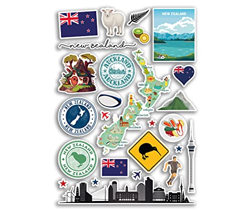 A4-Aufkleberbogen, neuseeländische Sehenswürdigkeiten, Vinyl-Aufkleber – Kiwi, Stadtkarte, Flughafen, Stempel, Land, Skyline, Flagge, Reisen, Urlaub, Kultur, Ästhetik, #79978 von DV DESIGN