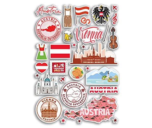 A4 Aufkleberbogen Österreich Sehenswürdigkeiten Vinyl Aufkleber – Österreichische Karte Flughafen Stempel Skyline Flagge Reise Urlaub Kultur Ästhetik #79996 von DV DESIGN