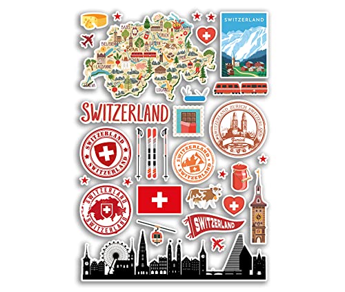 A4 Aufkleberbogen Schweiz Sehenswürdigkeiten Vinyl Aufkleber - Schweizer Stadtkarte Flughafenstempel Skyline Länderflagge Reise Urlaub Kultur Ästhetisch #80002 von DV DESIGN