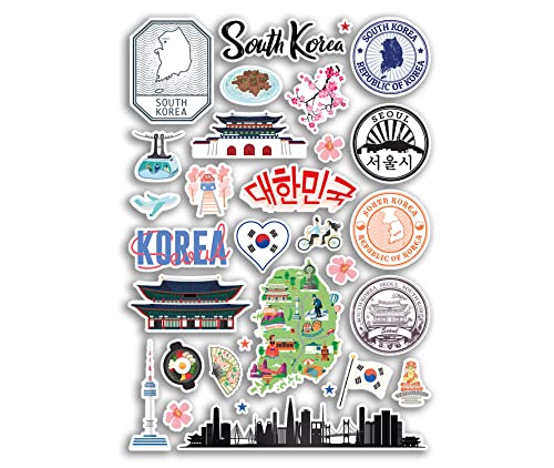 A4 Aufkleberbogen Südkorea Sehenswürdigkeiten Vinyl Aufkleber – Koreanische Stadtkarte Flughafenstempel Skyline Flagge Reise Urlaub Kultur Ästhetisch #79991 von DV DESIGN