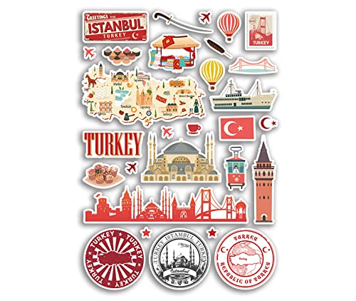 A4 Aufkleberbogen Türkei Sehenswürdigkeiten Vinyl Aufkleber – Türkische Istanbul Karte Flughafenstempel Skyline Flagge Reise Urlaub Kultur Ästhetik #79982 von DV DESIGN