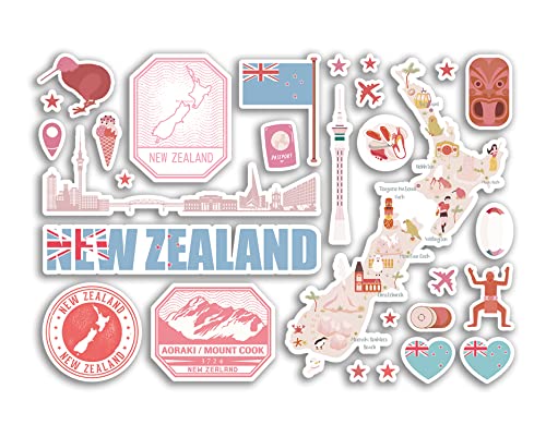 A5 Aufkleberbogen Neuseeland Rosa Sehenswürdigkeiten Vinyl Aufkleber – Karte Flughafen Stempel Skyline Flagge Reise Urlaub Land Stadt Ästhetik #80369 von DV DESIGN