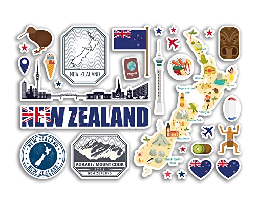 A5 Aufkleberbogen Neuseeland Sehenswürdigkeiten Vinyl Aufkleber – Kiwi Karte Flughafenstempel Skyline Flagge Reisen Urlaub Land Stadt Ästhetik #80368 von DV DESIGN