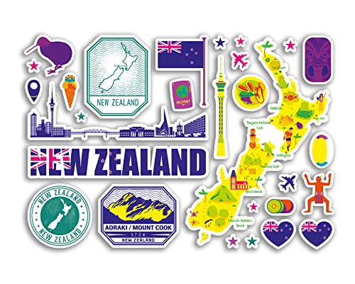 A5 Aufkleberbogen Neuseeland Sehenswürdigkeiten Vinyl Aufkleber – helle Karte Flughafenstempel Skyline Flagge Reisen Urlaub Land Stadt Ästhetik #80372 von DV DESIGN