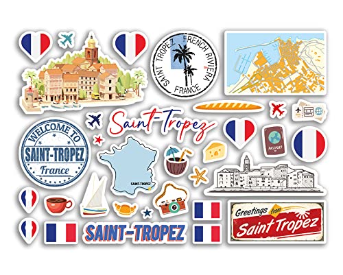 A5 Aufkleberbogen Saint Tropez Vinyl Aufkleber – Frankreich Französische Sehenswürdigkeiten Karte Flughafen Briefmarken Skyline Flagge Reise Urlaub Stadt Ästhetik #80255 von DV DESIGN