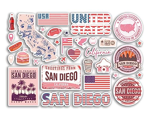A5 Aufkleberbogen San Diego Sehenswürdigkeiten Vinyl Aufkleber – Rosa Kalifornien Amerika Staaten Flagge Reise Urlaub Karte Stadt Scrapbook Ästhetisch #80590 von DV DESIGN