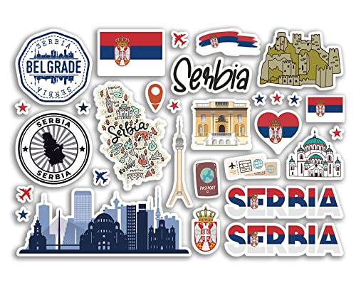 A5 Aufkleberbogen Serbien Sehenswürdigkeiten Vinyl Aufkleber – Serbische Landkarte Flughafen Briefmarken Skyline Flagge Reise Urlaub Stadt Ästhetik #80278 von DV DESIGN