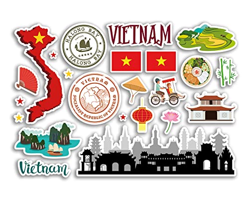 A5 Aufkleberbogen Vietnam-Sehenswürdigkeiten Vinyl-Aufkleber – vietnamesische Karte Flughafen Briefmarken Skyline Flagge Reise Urlaub Kultur Stadt Ästhetik #79858 von DV DESIGN