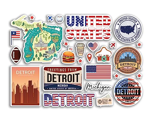 A5 Stickerbogen Detroit Sehenswürdigkeiten Vinyl Aufkleber – Michigan Amerika USA Staaten Flagge Reise Urlaub Karte Stadt Scrapbook Ästhetisch #80559 von DV DESIGN