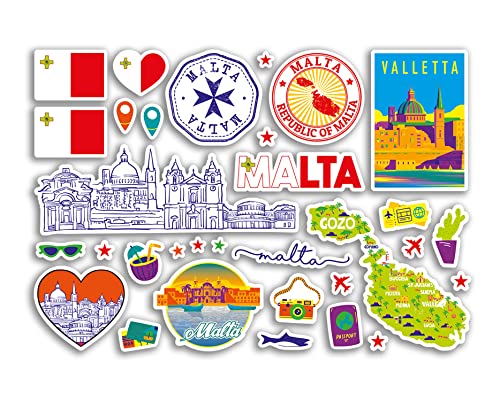 A5 Stickerbogen Malta Sehenswürdigkeiten Vinyl Aufkleber – Maltesische Karte Flughafen Stempel Skyline Flagge Reise Urlaub Stadt Land Ästhetik #80355 von DV DESIGN