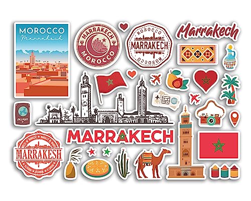 A5 Stickerbogen Marrakesch Sehenswürdigkeiten Vinyl Aufkleber – Marokko Strand Flughafen Briefmarken Skyline Scrapbook Reise Urlaub Stadt Gepäck #80773 von DV DESIGN