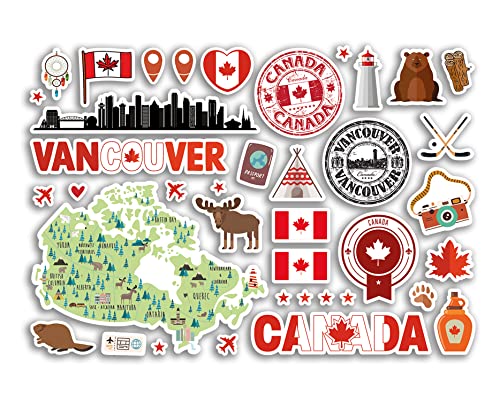A5 Stickerbogen Vancouver Sehenswürdigkeiten Vinyl Aufkleber – Kanada Kanada Kanada Briefmarken Skyline Flagge Reise Urlaub Karte Stadt Scrapbook Ästhetisch #80499 von DV DESIGN