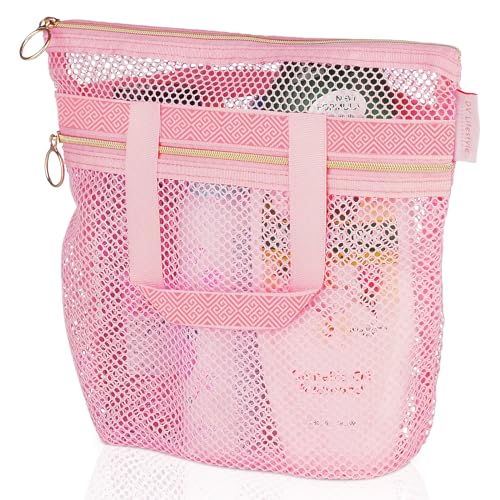 Duschkorb aus Netzstoff, schnelltrocknend, 25.9x25.1 cm, mit Reißverschluss und 2 Taschen, tragbar, leicht, Reisen oder Camping, Rosa von DV Lifestyle