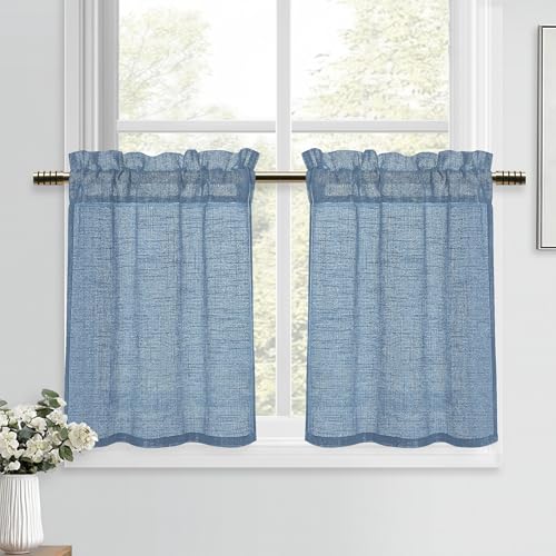 DWCN Blau Scheibengardinen Modern Vorhänge Leinenoptik Kurzgardine Halbtransparente 2 Stück H60xB60cm Fenstervorhänge für Küchengardinen Landhaus Schrankvorhang Wohnzimmer Bistrogardine Wohnwagen von DWCN