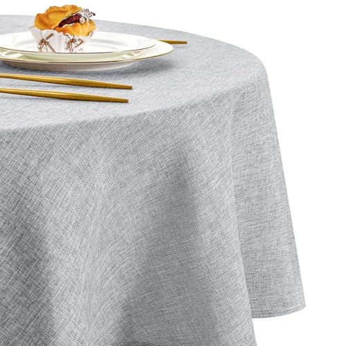 DWCN Hellgrau Tischdecke Rund 180cm，Tischdecke Leinenoptik Abwaschbar Tischdecke Outdoor Tischdecke Wetterfest Tischwäsche für Esszimmer, Garten, Party, Hochzeiten, Haushalt Wohnzimmer, Balkon von DWCN